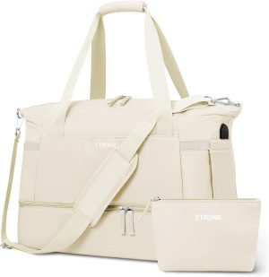 Gym Bag for Women, Personal Item Travel Bag with Shoes Compartment, Weekender Overnight Duffel Bag with Wet Pocket & USB Charging Port, Carry On Bag for Women, Travel, Gym, Weekend (Beige)