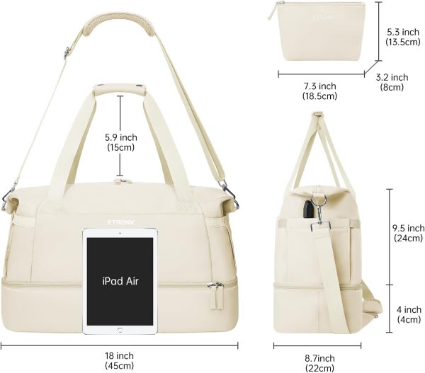 Gym Bag for Women, Personal Item Travel Bag with Shoes Compartment, Weekender Overnight Duffel Bag with Wet Pocket & USB Charging Port, Carry On Bag for Women, Travel, Gym, Weekend (Beige) - Image 3