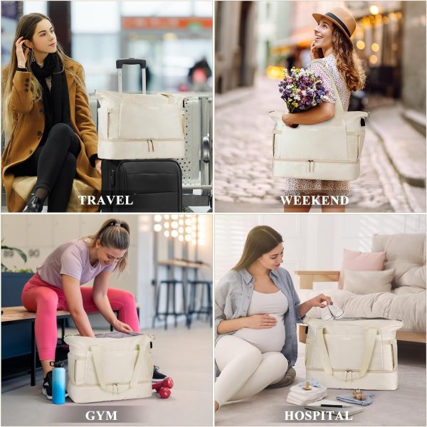 Gym Bag for Women, Personal Item Travel Bag with Shoes Compartment, Weekender Overnight Duffel Bag with Wet Pocket & USB Charging Port, Carry On Bag for Women, Travel, Gym, Weekend (Beige) - Image 4