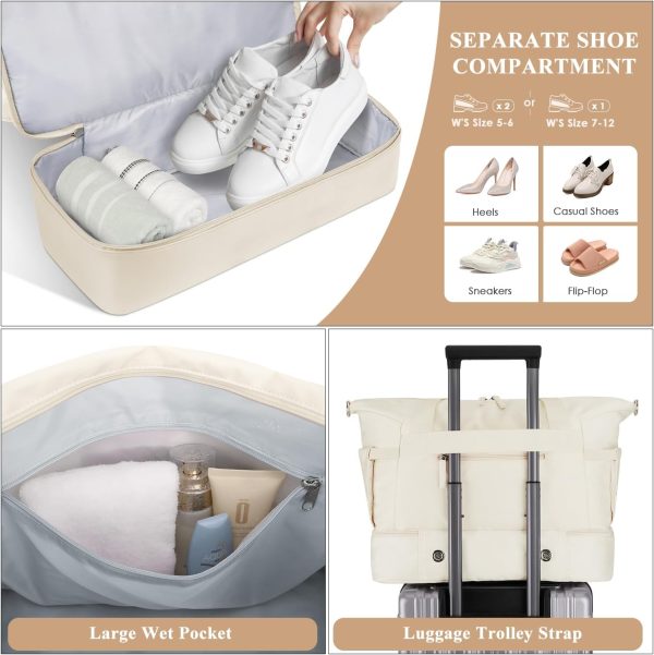 Gym Bag for Women, Personal Item Travel Bag with Shoes Compartment, Weekender Overnight Duffel Bag with Wet Pocket & USB Charging Port, Carry On Bag for Women, Travel, Gym, Weekend (Beige) - Image 5