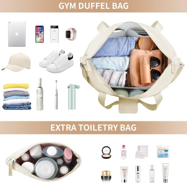 Gym Bag for Women, Personal Item Travel Bag with Shoes Compartment, Weekender Overnight Duffel Bag with Wet Pocket & USB Charging Port, Carry On Bag for Women, Travel, Gym, Weekend (Beige) - Image 6