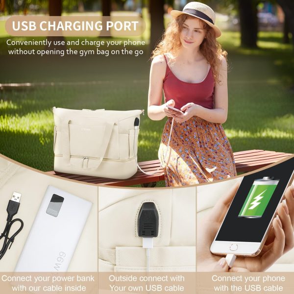 Gym Bag for Women, Personal Item Travel Bag with Shoes Compartment, Weekender Overnight Duffel Bag with Wet Pocket & USB Charging Port, Carry On Bag for Women, Travel, Gym, Weekend (Beige) - Image 7